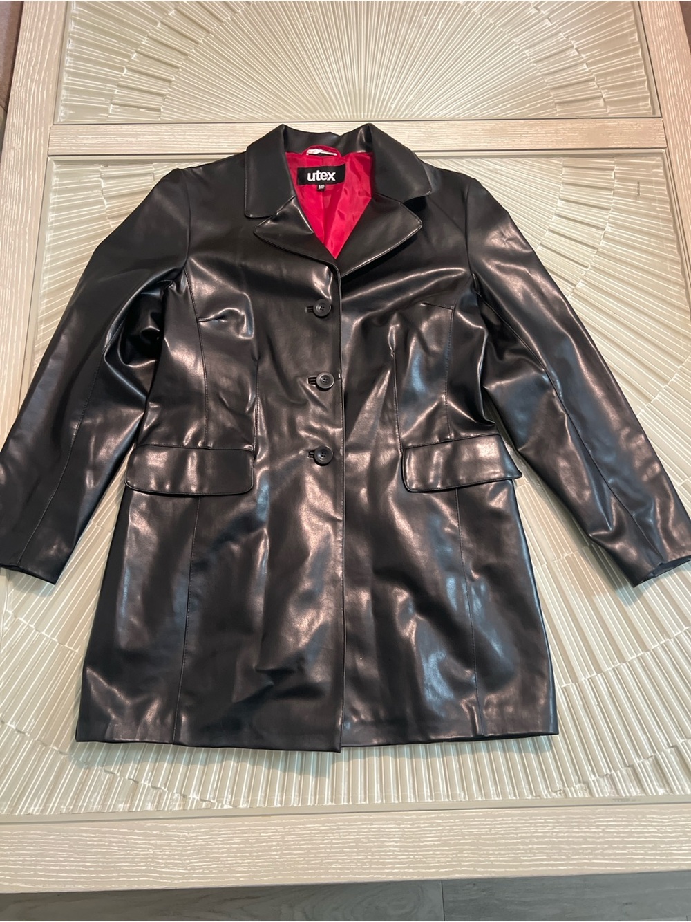 Utex Black Faux Leather Button-Front Jacket with Red Lining